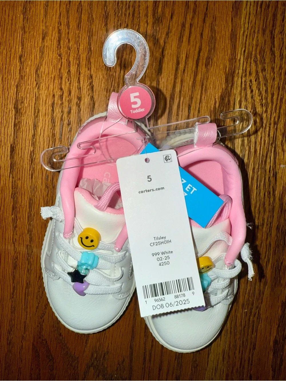 Carter's NWT size 5-  White Sneakers with Pink Interior and Smiley Bead Accents